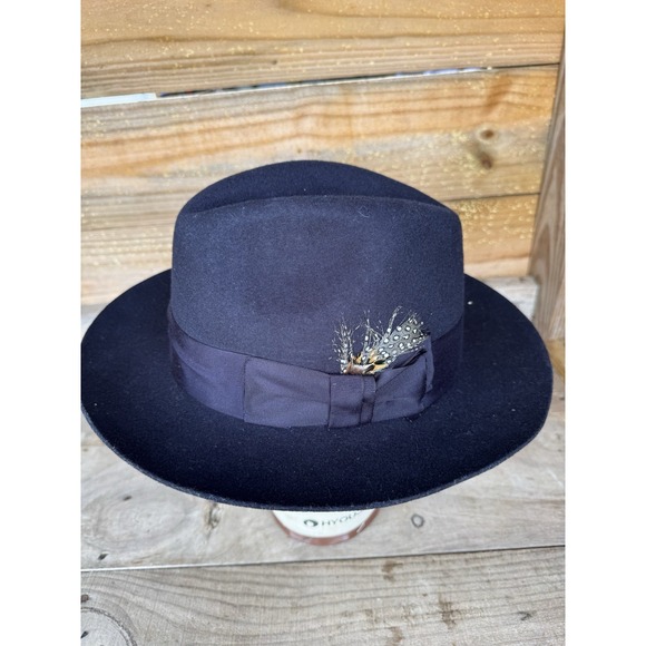 Stacy Adams Men's Large Fedora Hat Black Color 100% Wool With Feather On Side - Picture 4 of 13